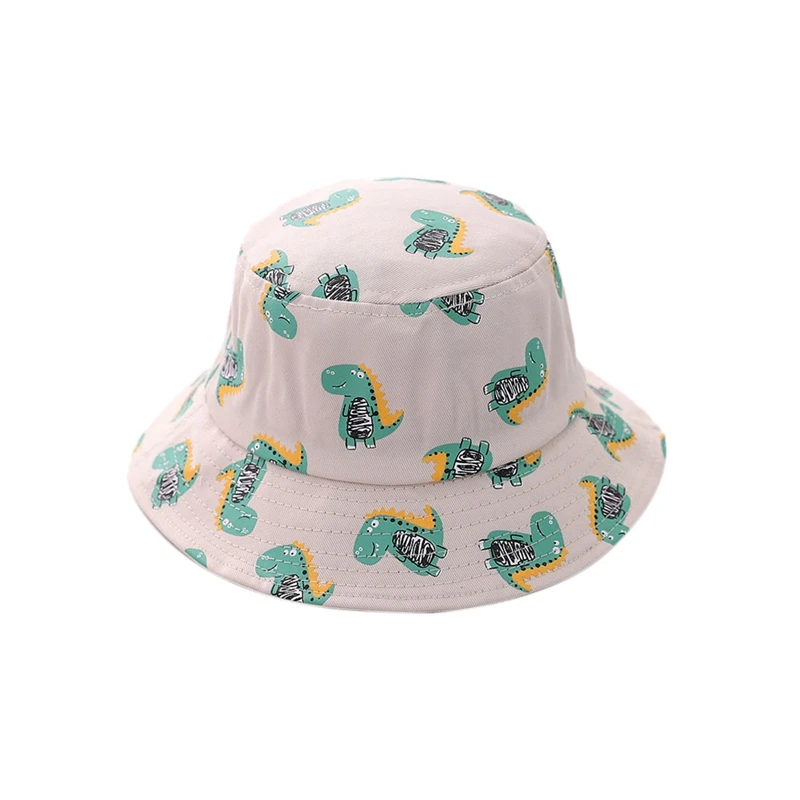 

2 Pcs Dinosaur Print Hat Baby Hat Cartoon Hat Cotton Bucket Hat Kids Summer Sun Cap Toddler Boys Girls Hat Beige & Black