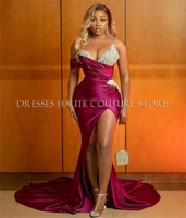 african fashion satin beaded evening dress 2021 side slit formal party prom gowns long train