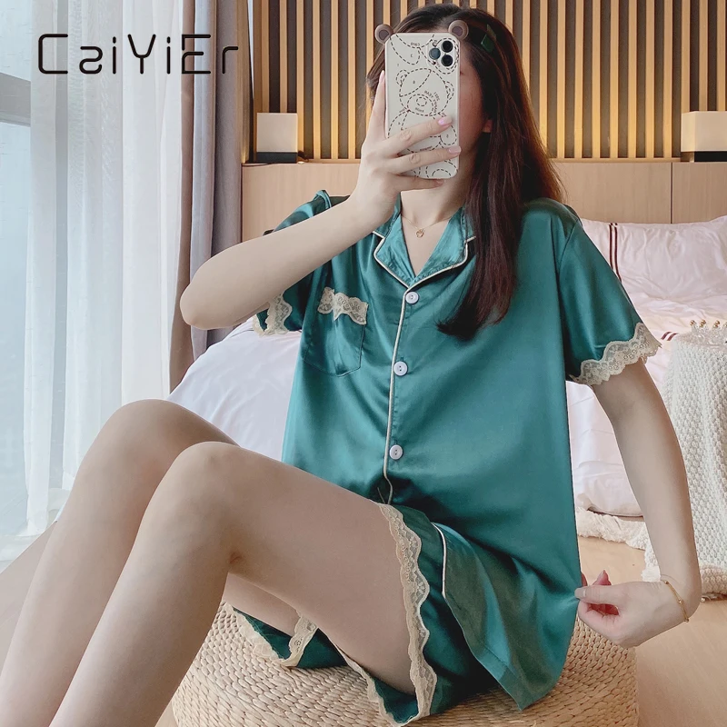 

CAIYIER Summer Luxury Pajama Set Women Silk Sleepwear Short Sleeve Shorts Nightgown Pure Color Lace Silk 6 Colors Homewear Suit