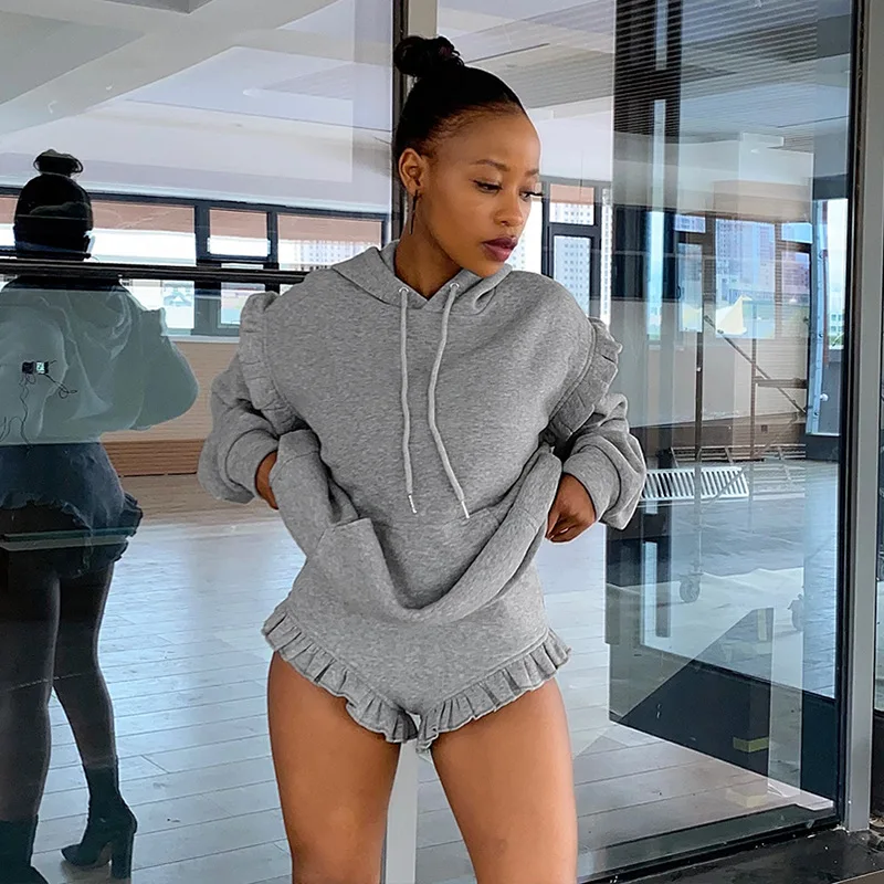 

Casual Women Biker Short Two Piece Set High Street Sportsuit Winter Clothes For Women Outfit Solid Color