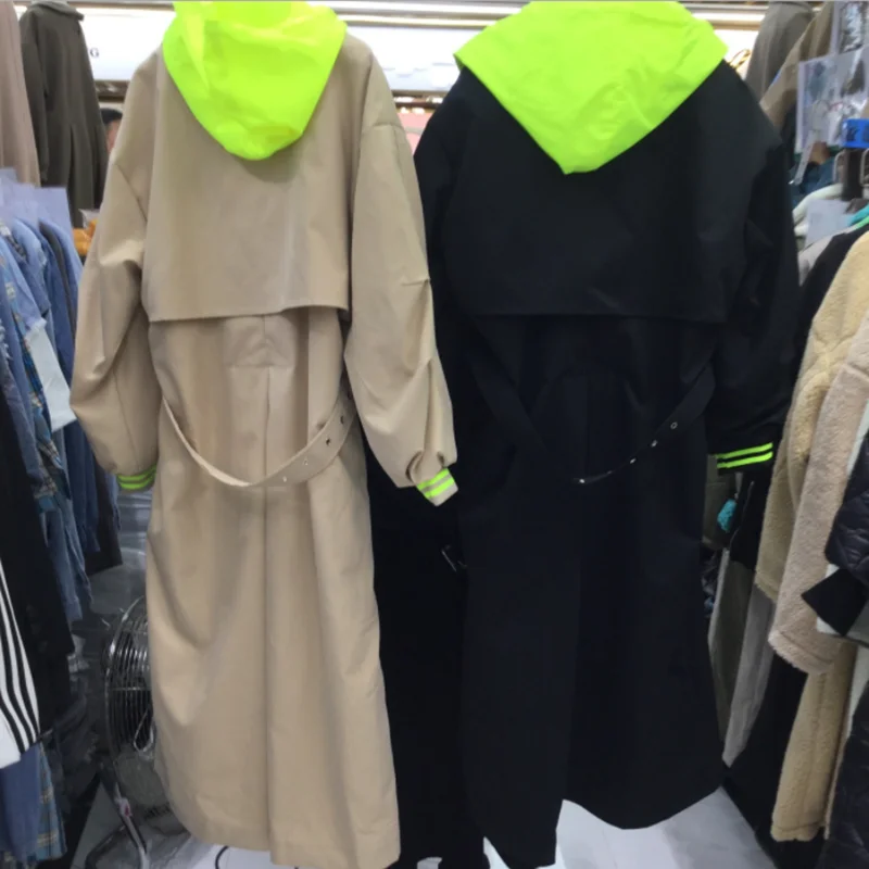 Тренч с капюшоном Женский Длинная ветровка в Корейском стиле уличная одежда