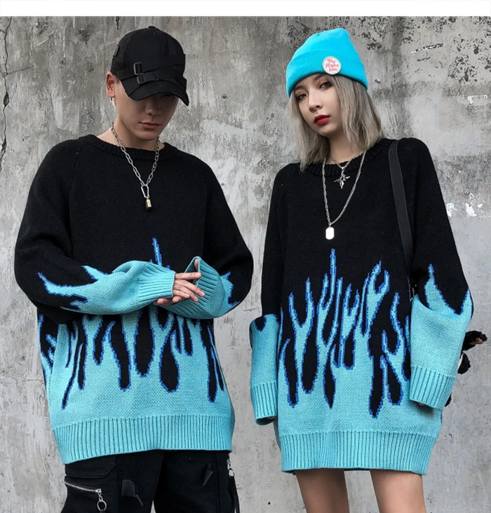 TRIYO 2021 Hip Hop Sweater Pullover Women Blue Fire Flame Knitted Harajuku Streetwear Tops Casual Couple Top Black | Женская одежда