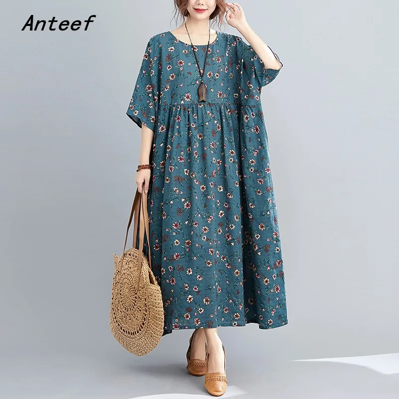 

short sleeve cotton oversize vintage floral dresses for women casual loose long woman summer beach dress elegant clothes 2022