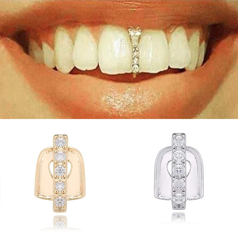 

2021 New Punk Hip Hop Dental Teeth Grillz Top Crystal Grills Gold Mouth Tooth Caps Cosplay Party Rapper Teeth Funny Jewelry Gift