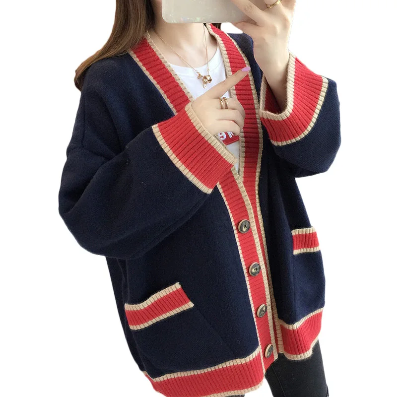 

Women's Knitted Cardigan Korean Fashion Stripe Wool Sweater for Women Winter Long Sleeve V-neck Casual Style Knitwear Female Coa