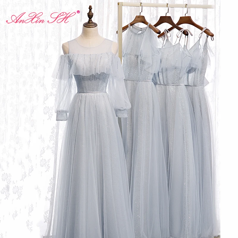 

Серое кружевное платье подружки невесты AnXin SH с круглым вырезом, модное блестящее длинное платье подружки невесты с бантом и бисером, со шнуровкой и оборками