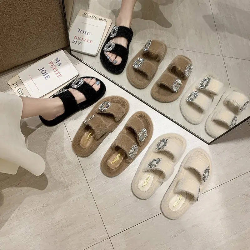 

New Women Slippers Winter Shoes Flat Sweet Home Slippers Indoor Fur Warm Soft Slip On Rhinestone Autumn Female Short Plush