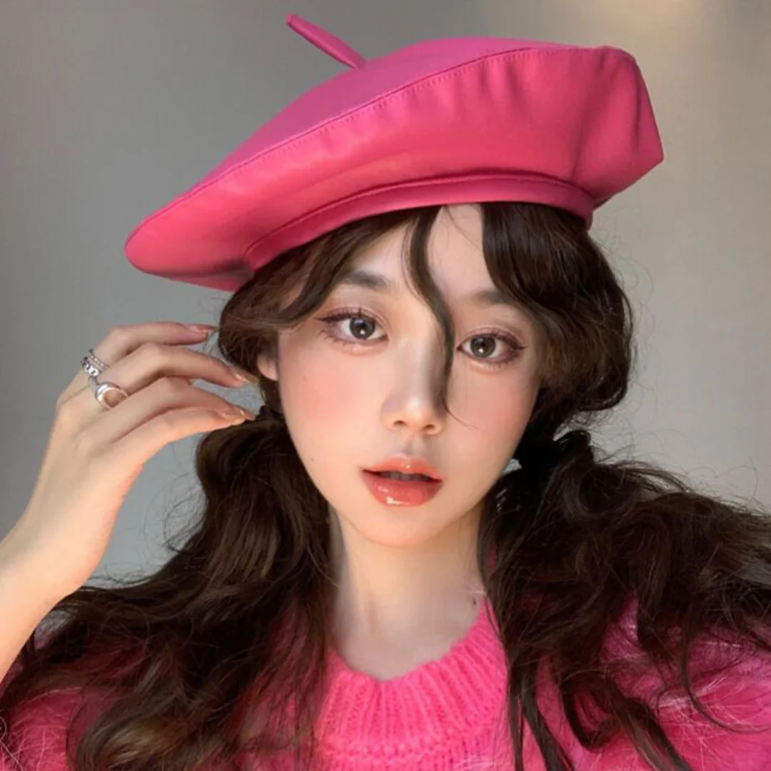 Женский берет из искусственной кожи розово-красный во французском стиле