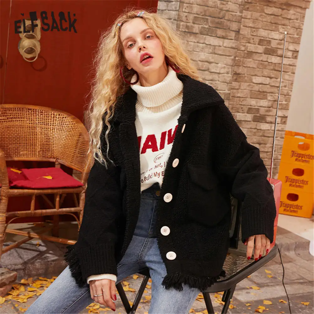 Женское прямое шерстяное пальто ELFSACK белое однотонное однобортное с кисточками