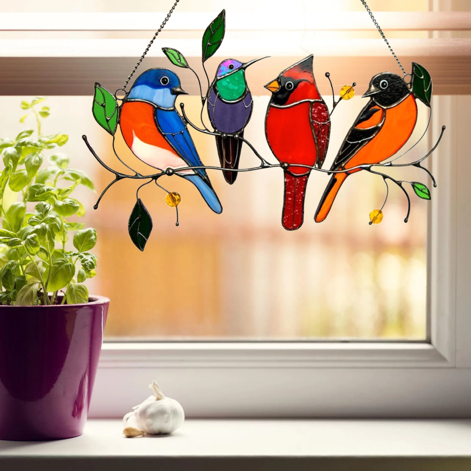 

Birds On A Wire Ornament Pendant High Stained Suncatcher Window Ornaments Simulation Bird Pendants Garden Flower Hanging Decorat
