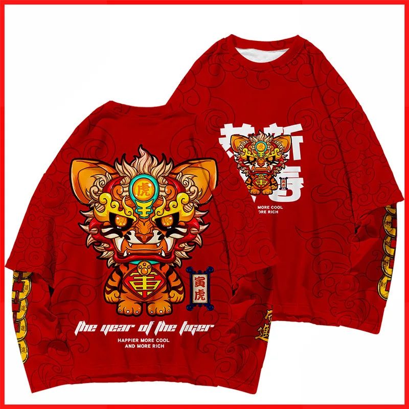 

Men's Pullover Spring Autumn Male Casual Red Fake Two Pieces Sweatshirt The 12 Chinese Zodiacs Tiger Print Tops