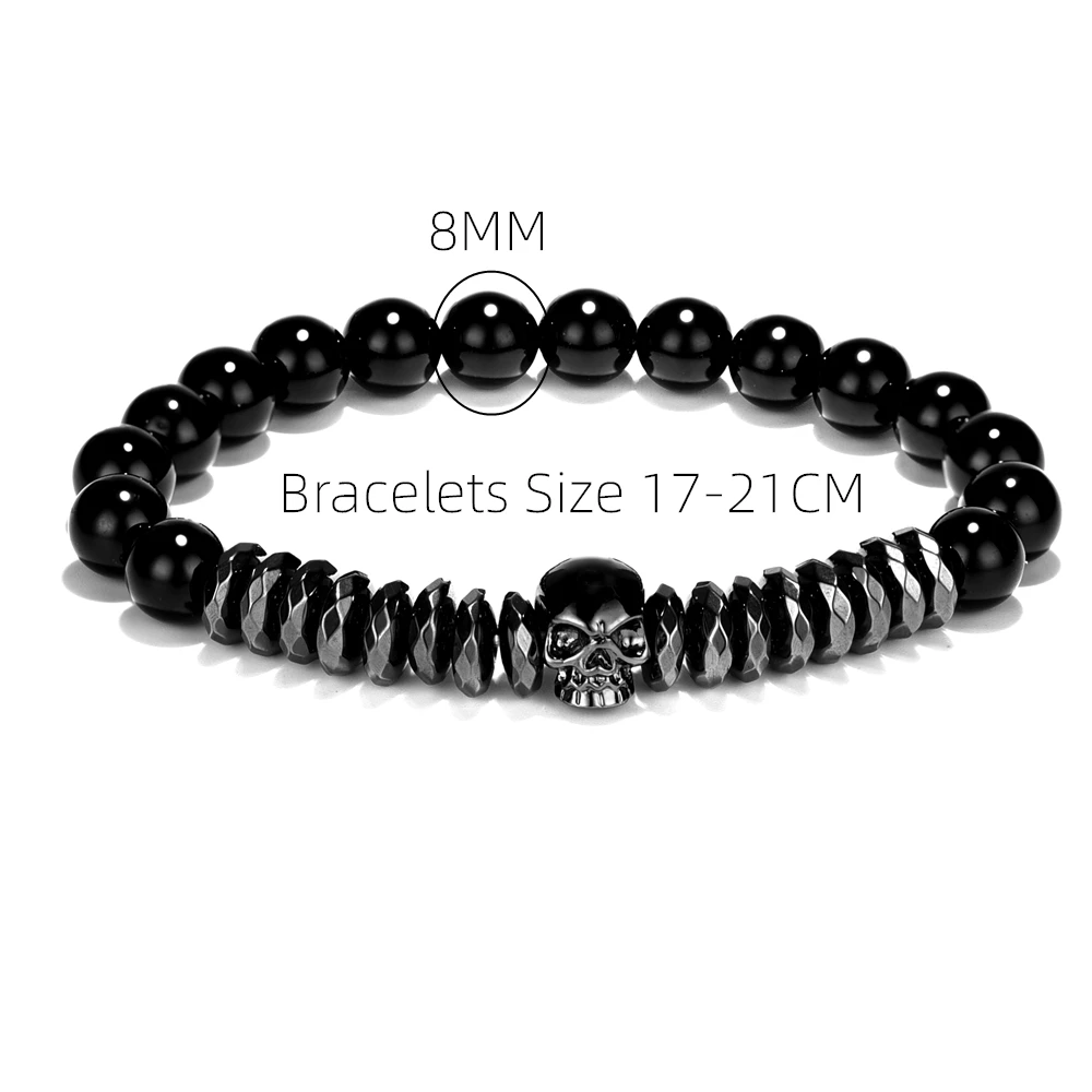 

Hematite Beads Bracelets Skull&Lion Bangles Bijoux Rope Titanium Steel Skull Bangle Nature Stone Bracelets Men Jewelry Halloween