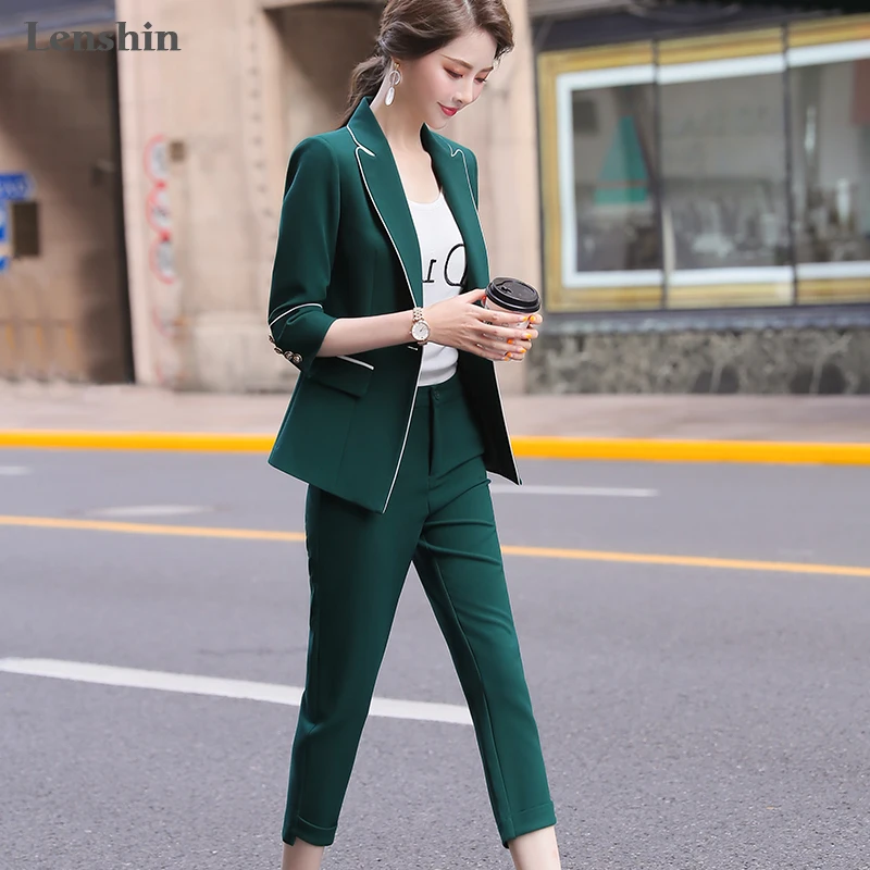 

Lenshin 2 Piece Set Three Quarter Sleeve Binding Striped Pant Suit Summer Wear Office Lady Designs Women Blazer Calf-Length Pant