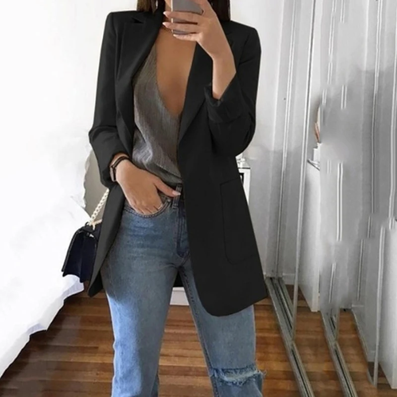 Women's Casual Mid Coat Lapel Slim Cardigan Outdoor Work Suit Jackets Open Front Cloak Female Blusas Chaqueta Mujer | Женская одежда