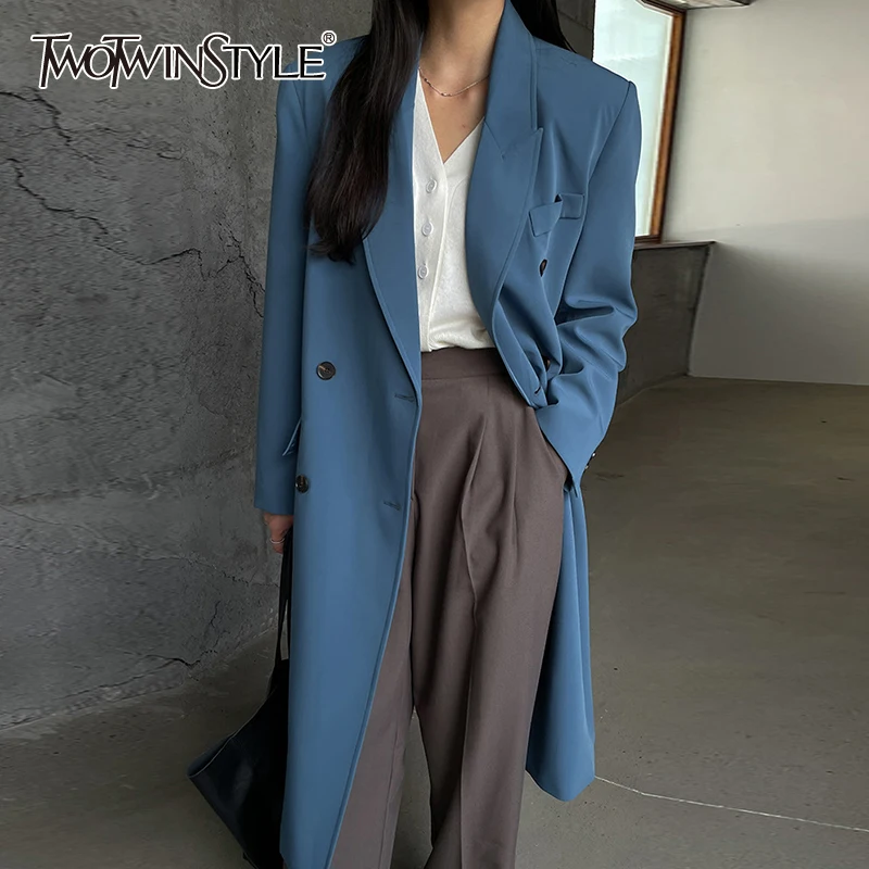 

TWOTWINSTYLE Patchwork Buttons Blazer Coats For Female Lapel Collar Long Sleeve High Waist Loose Women's Coat Fashion New 2021