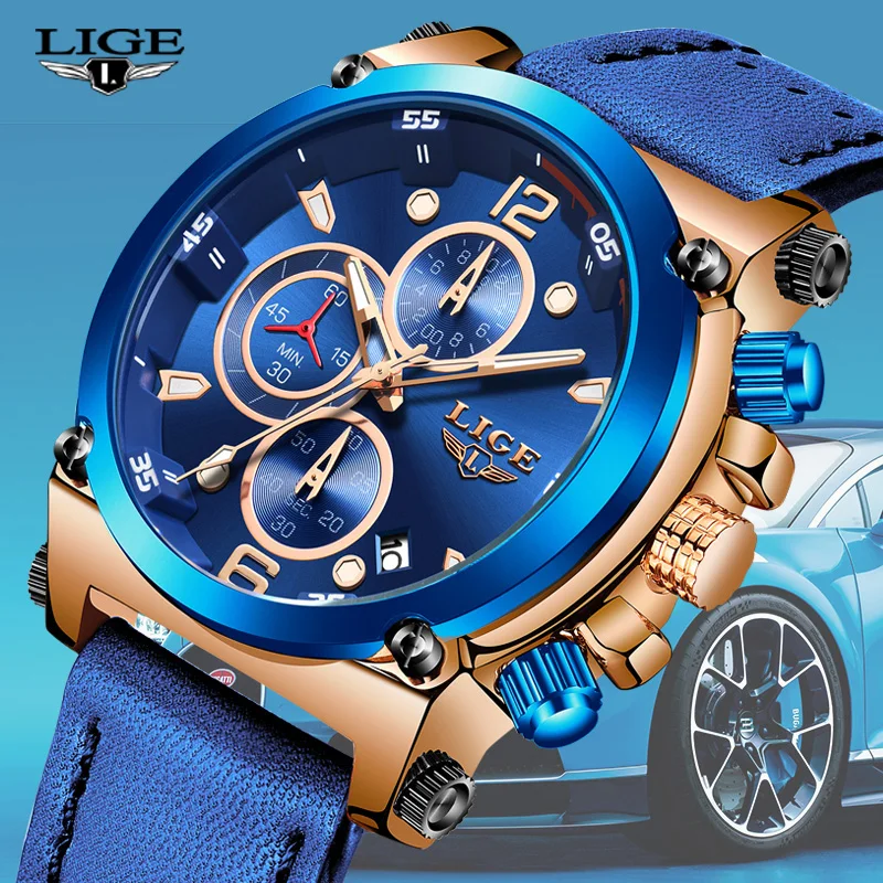 Часы наручные LIGE мужские с кожаным ремешком роскошные брендовые аналоговые
