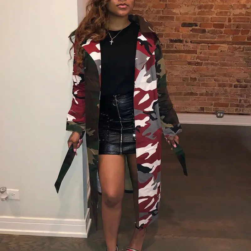 Военный Повседневный Камуфляжный тренч для женщин одежда размера плюс осень 2019