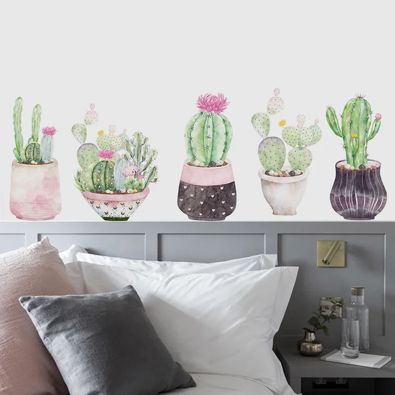 

Watercolor Succulent Potted Plant Wall Stickers Home Background Wall Decoration Removable Window Decals Office Stickers