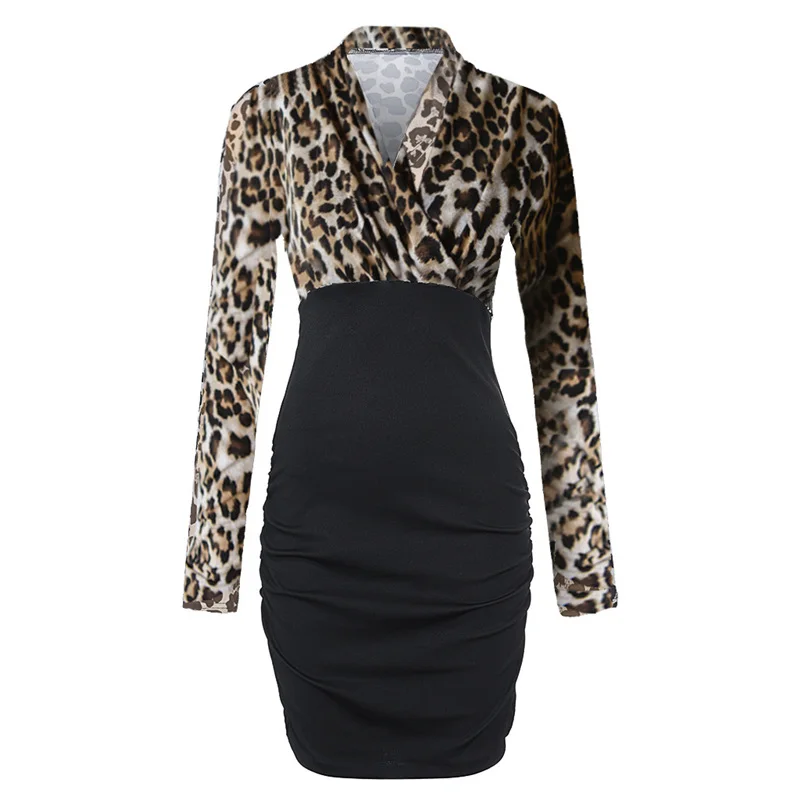 

Women's Sexy Women's Wear V-Neck Long Sleeve Leopard Pattern Patchwork Dress