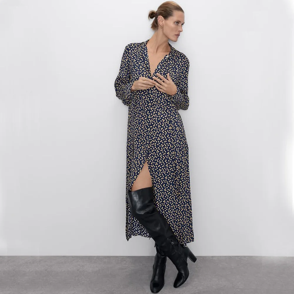 ZA женские платья в горошек винтажное осенне зимнее платье с длинным рукавом