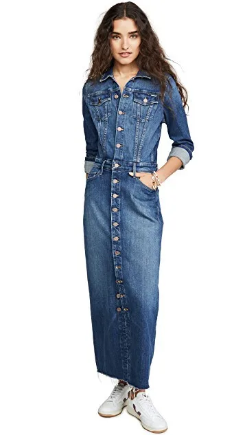 

Real Sample Women Solid Single-Breasted Denim Dresses Fashion Lady's Turn Down Collar Full Sleeve Slim Pockets Dress 2020 Autumn