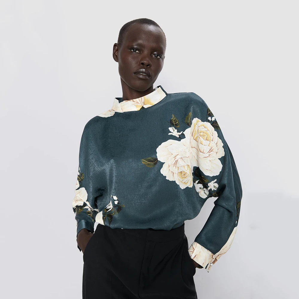 2019 ZA блузка с принтом Женская трендовая блуза длинным рукавом и стоячим