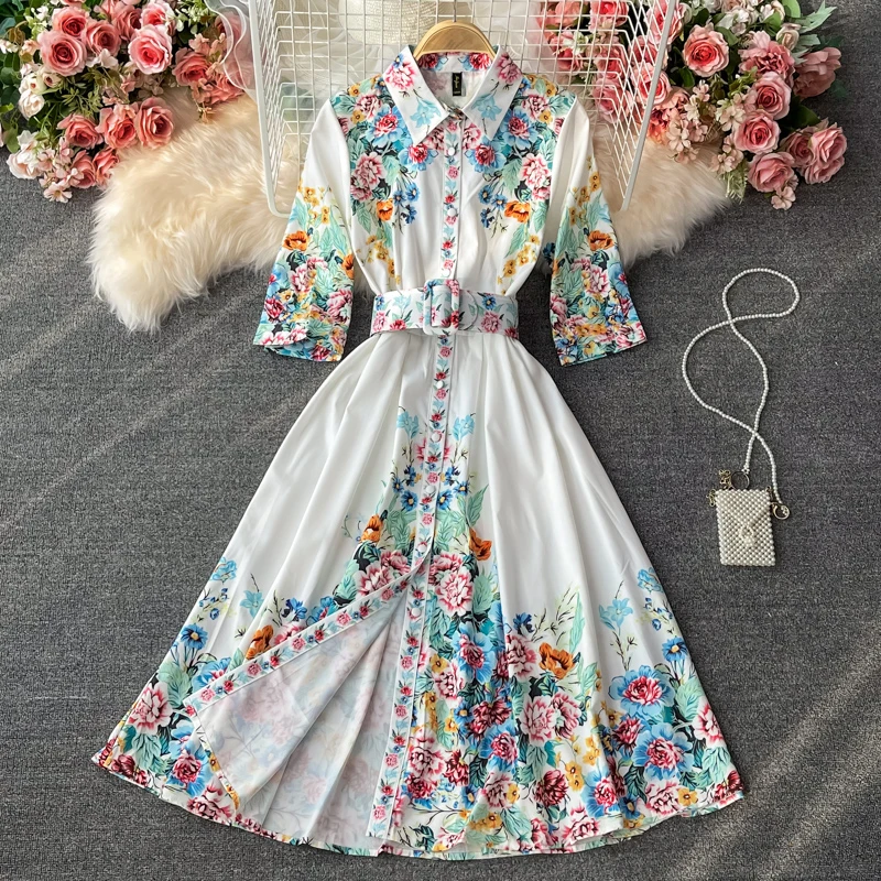 

2021 Summer Floral Half Sleeve Single Breasted Long Dress Chic Elegant Turn Down Collar A Line Dress Ladies Streetwear Vestidos