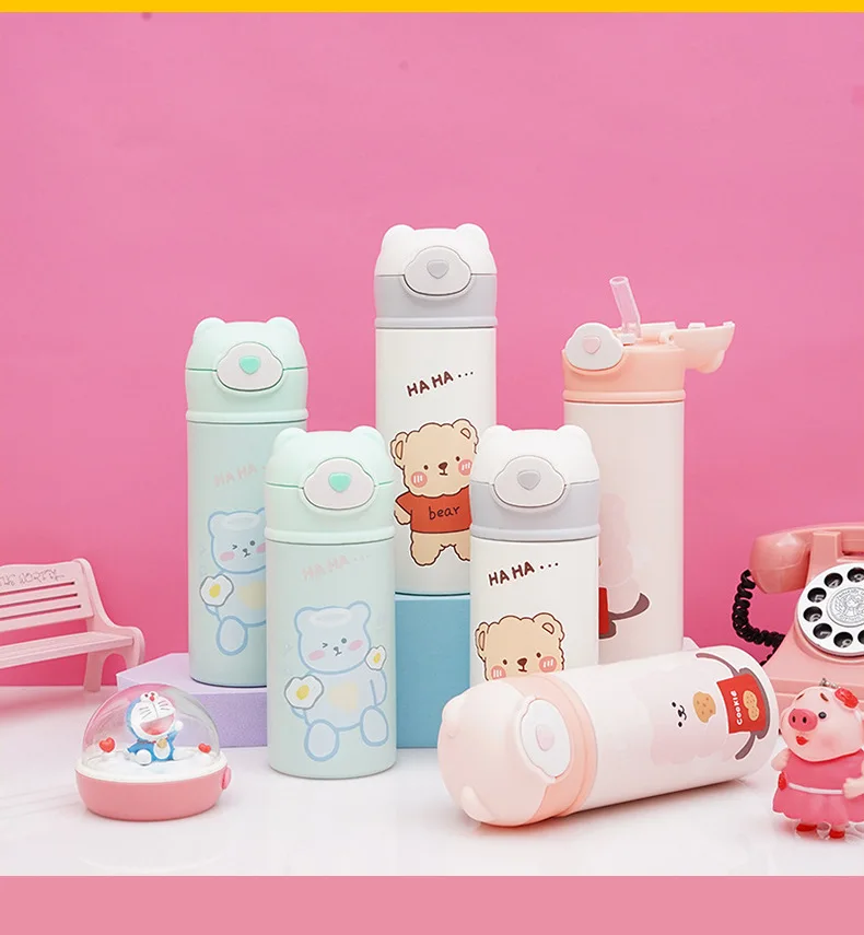 

Creative Students Children's WaterBottles Cute Portable Mug Bouncing Cover Double-Layer Stainless Steel Vacuum Cup Thermal