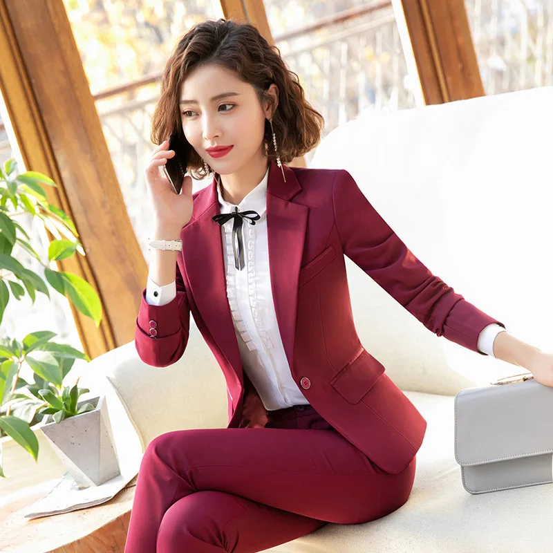Женский деловой костюм IZICFLY красный пиджак с брюками элегантный облегающий