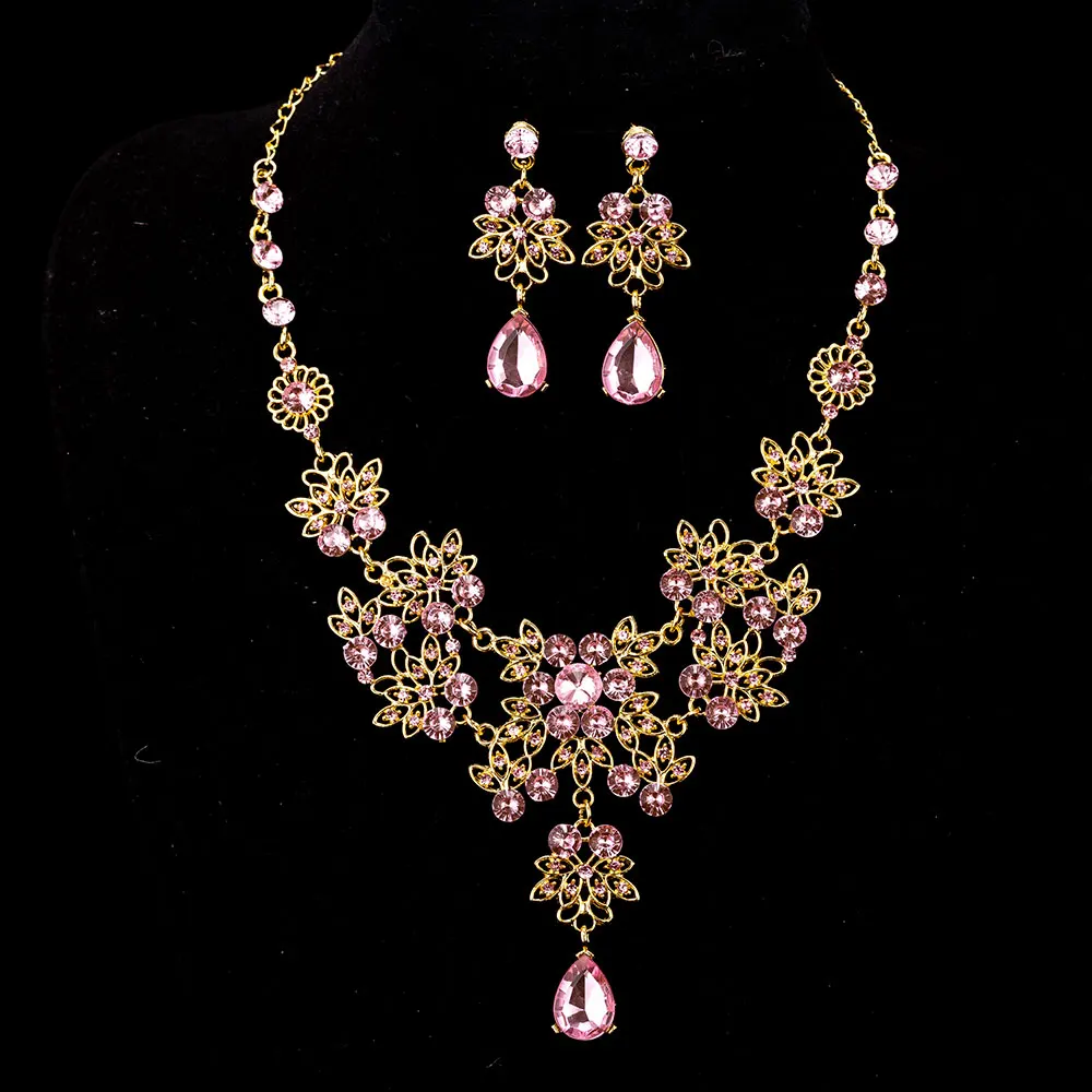 Gold Pink KMVEXO, несколько цветов, капли воды, свадебные, формальные, вечерние, выпускные Ювелирные наборы, кристаллы, стразы, невесты, ожерелье, серьги, наборы - Окраска металла: Gold Pink