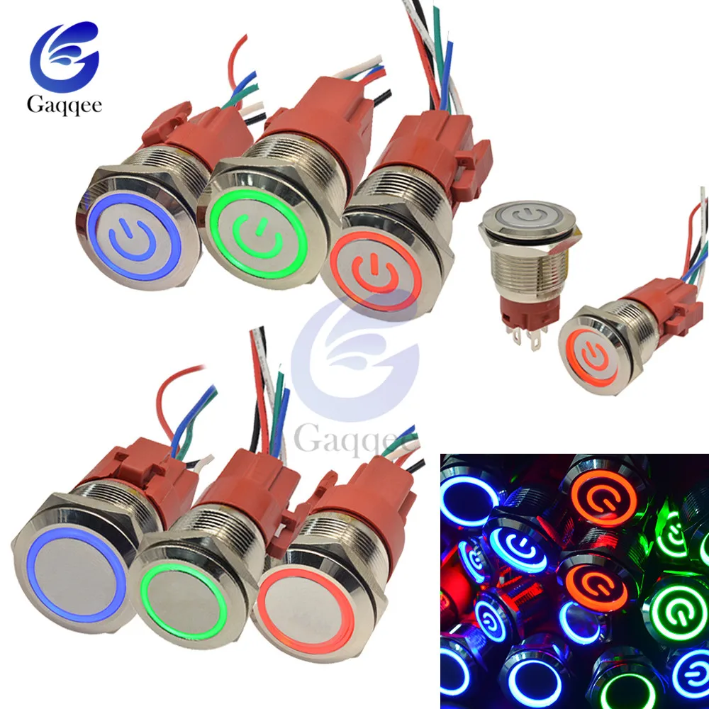 Водонепроницаемый светодиодный кнопочный переключатель с кольцом/питанием 16 мм