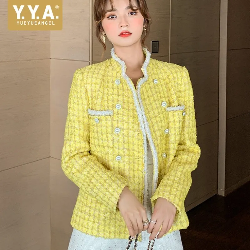 Женская твидовая куртка с воротником стойкой элегантное двубортное клетчатое