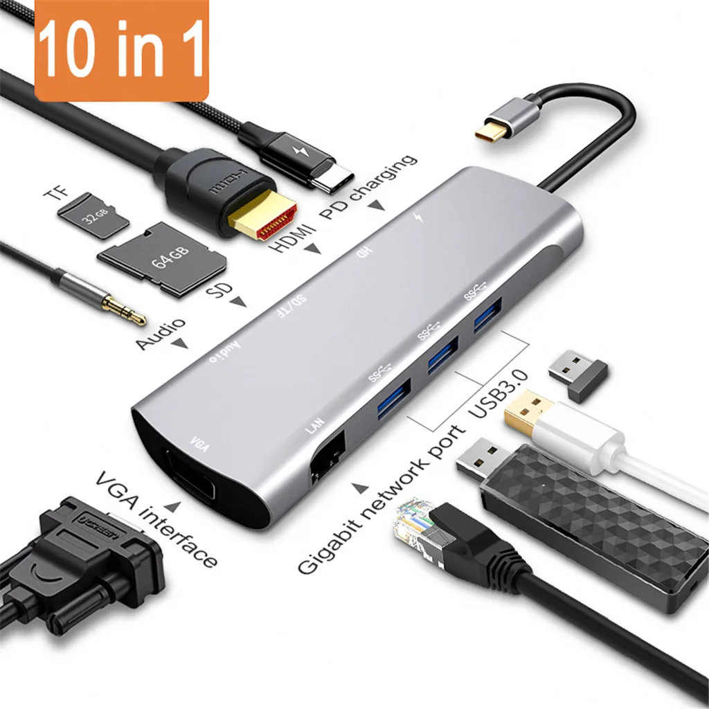 Многофункциональная док-станция 10 в 1 с разъемами типа C и HDMI USB3.0 хаб PD быстрая