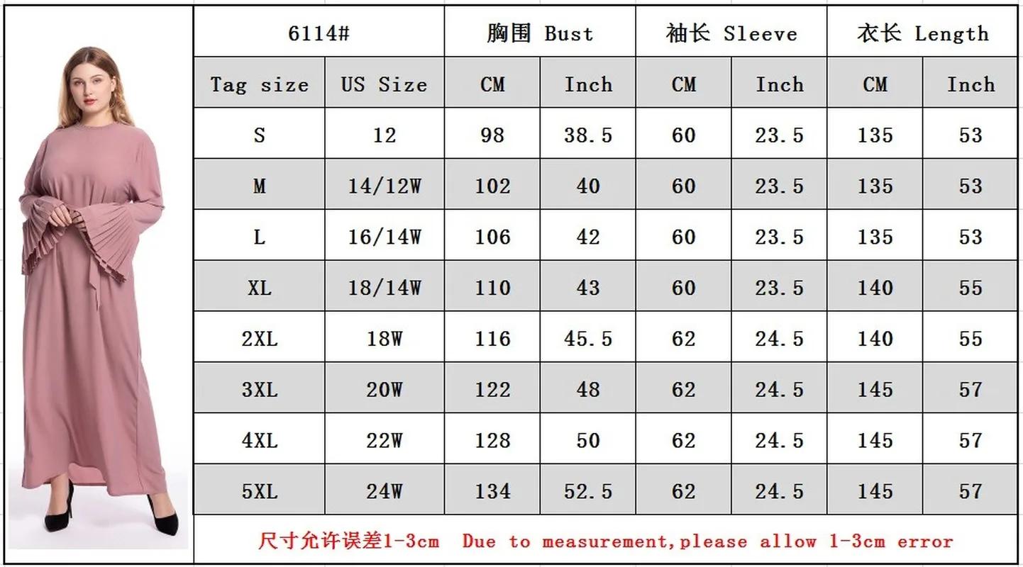 

Donsignet Muslim Woman's Dress Muslim Fashion Plus Size Women Round Neck Pleated Flared Sleeves Slim Long Dress Turkey Abaya