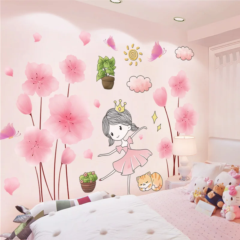 

[shijuekongjian] Cartoon Girl Wall Stickers DIY Flower Plants Wall Decals for Kids Rooms Baby Bedroom Nursery House Decoration