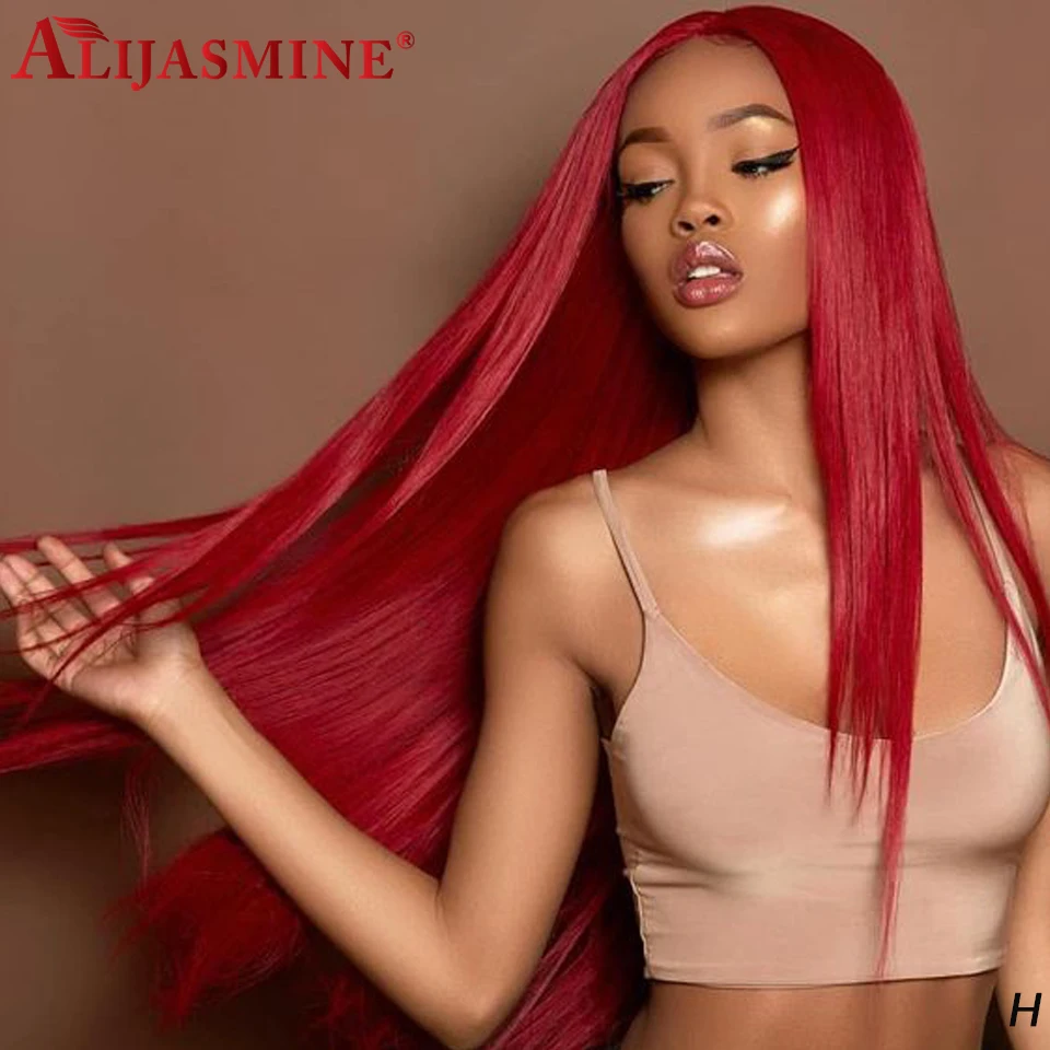 Красный бордовый Цвет прямой парик 13x6 Синтетические волосы на кружеве парики из