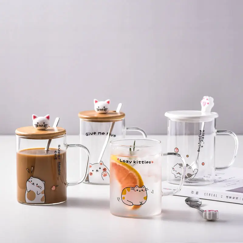 Ins Style450ml милый кот термостойкие Стекло кружки кружка для пива с ручкой ложкой и