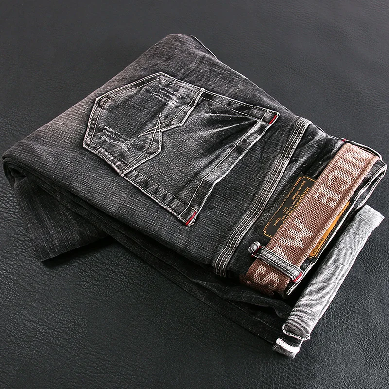 

Italian Vintage Fashion Men Jeans Retro Black Gray Elastic Slim Fit Ripped Jeans Men Frayed Scratch Designer Casual Denim Pants