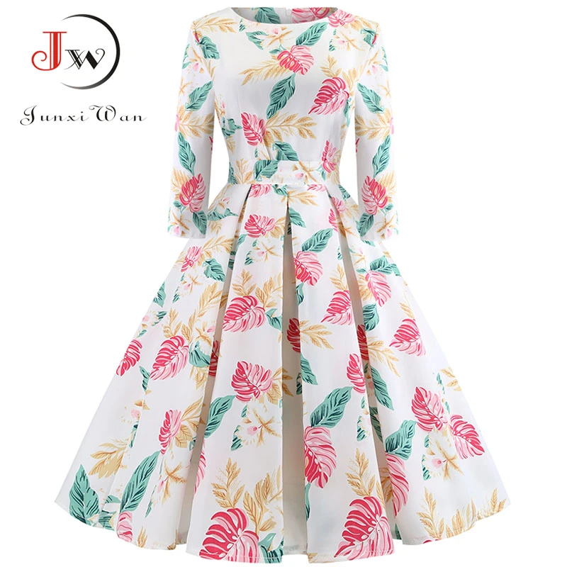 Модное осеннее Новое винтажное платье с цветочным принтом 3/4 рукав элегантные