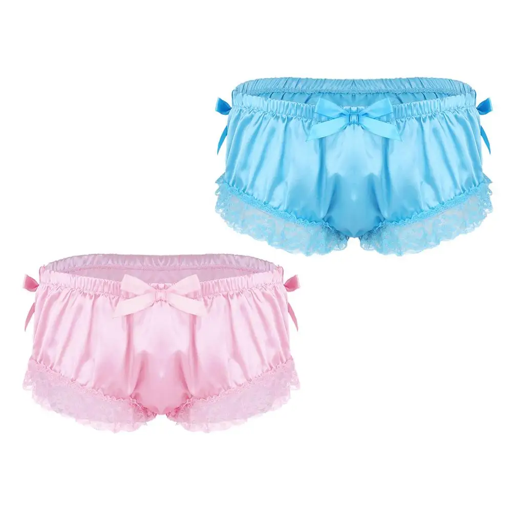 Мужское нижнее белье Sissy, мужское нижнее белье, атласные трусы для мужчин, блестящие гофрированные Цветочные кружевные трусики с бантом, трусики, нижнее белье для Сисси