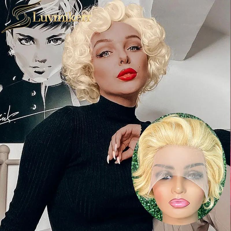 

613 Blonde Pixie Cut Short Bob Lace Frontal Wigs Glueless Loose Wave Pre Plucked Curly 13x1 Lace Front Human Hair Wigs For Women