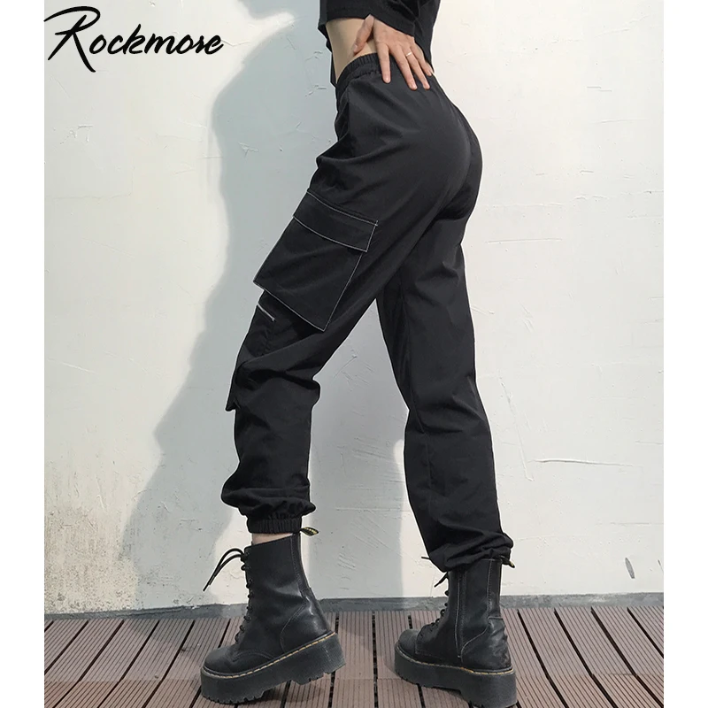 

Rockmore Gothic Panelled Women Cargo Pants With Pockets Wide Leg Joggers Hip Hop Dance Pants Femme Black High Waisted Trousers