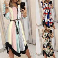 european and american womens new style fashion temperament printed tie shirt mid length dress