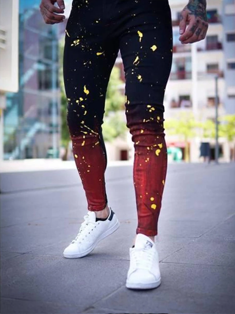 2022 European American Casual Streetwear Jeans Men's Skinny Stretch Pencil Pants Gradient Color Splash Paint Stylish Jeans Man