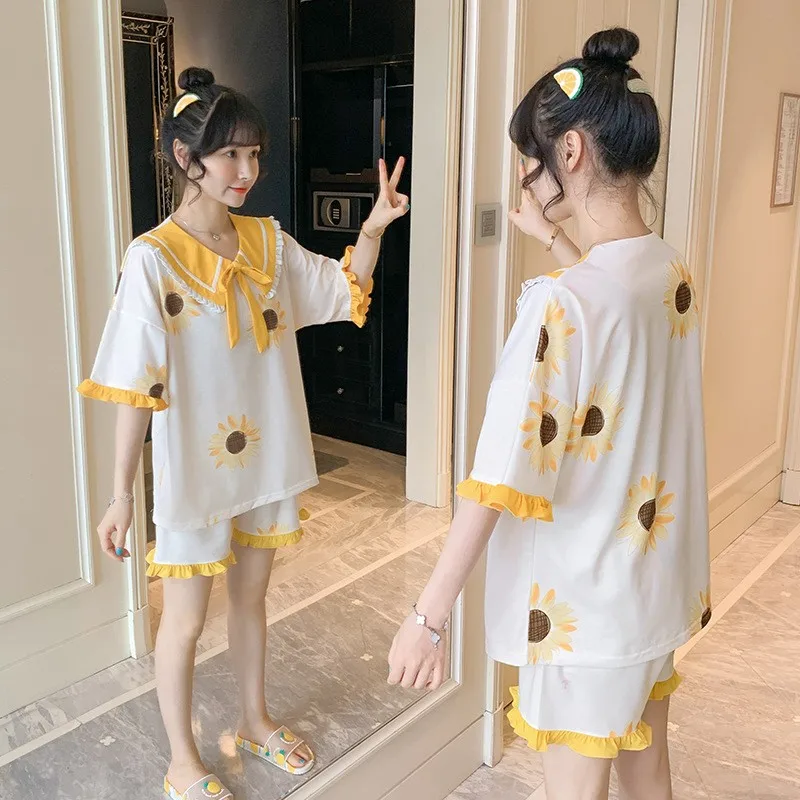 

Yellow 2PCS Young Lady Pajamas Suit Cute Peter pan Collar Nightwear Fruit Print Home Wear Cotton Sweet Bow Yellow Sleepwear