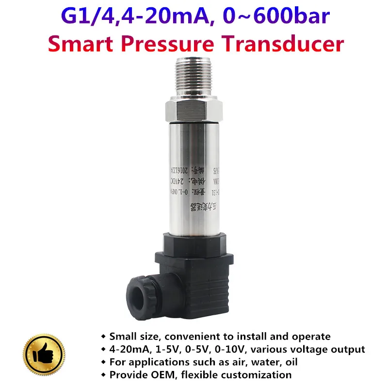 

G1/4 4-20mA Output 0~10bar ~25bar ~600bar DC24V Power Supply Smart Pressure Transducer Water Oil Gas Air Pressure Transmitter