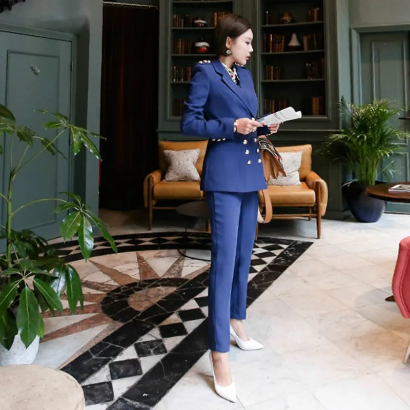 2019 Новая зимняя Женская куртка повседневный синий Блейзер двубортный костюм и
