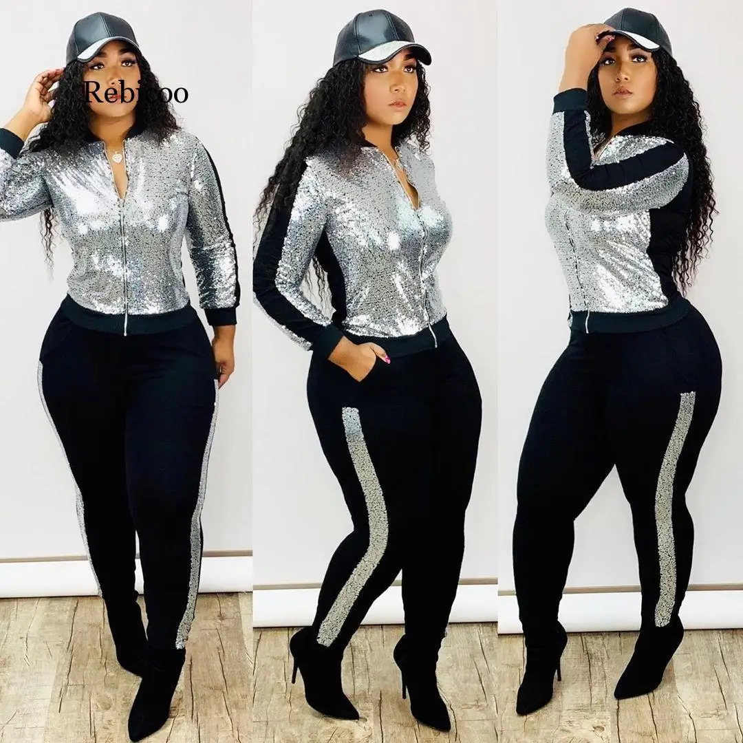 

Plus Size Sequin Two Piece Set Women Festival Clothing Sexy Club Outfits Zip Up Jacket and Pant 2 Piece Matching Sets