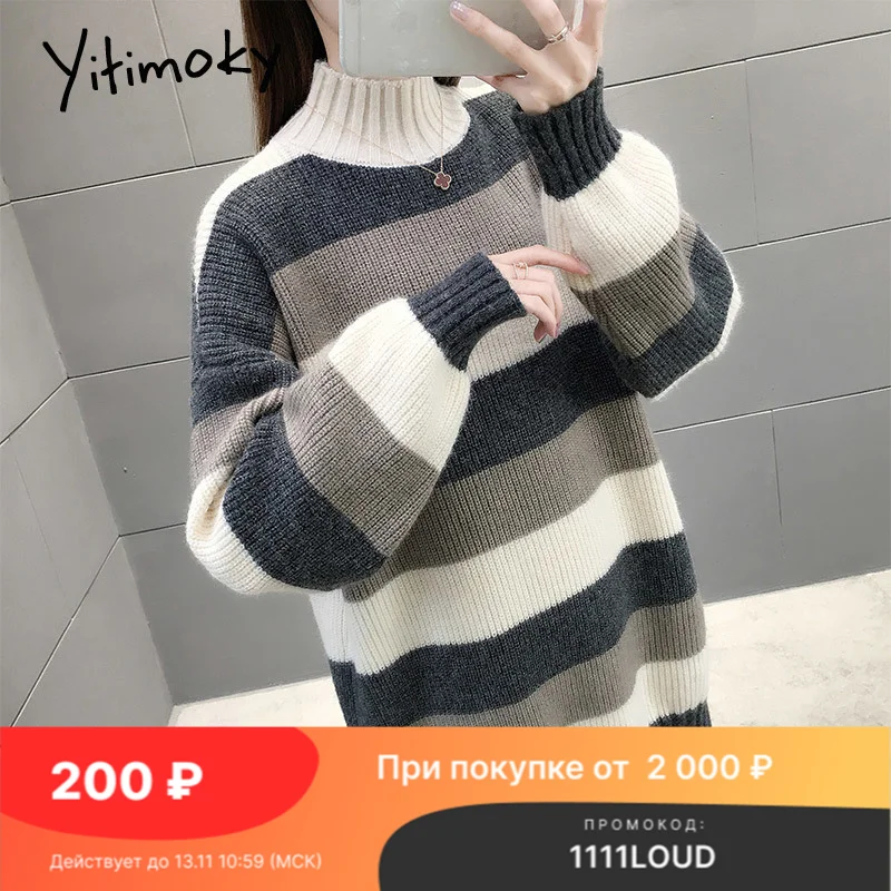 

Женский длинный полосатый свитер Yitimoky, свободный винтажный джемпер с ложным воротником и длинным рукавом, Повседневные вязаные пуловеры цв...