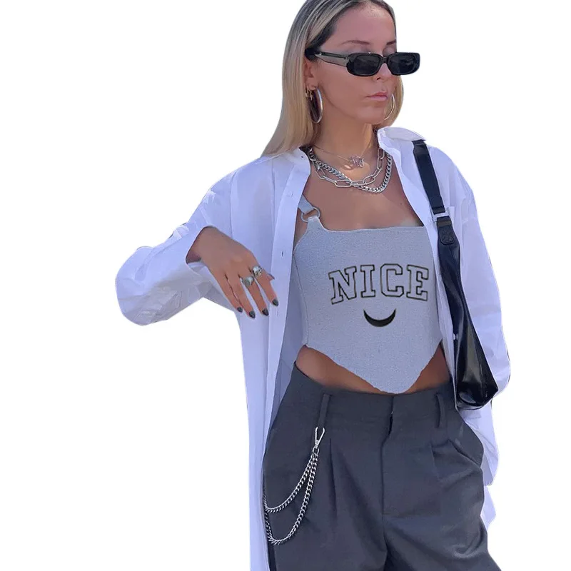 

Sexy suspender vest Spring and summer new trend hot goods letter print open navel chest one line collar sling female